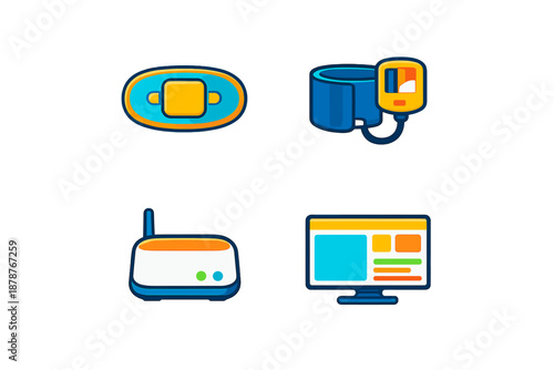 Set of four icons: Band-aid, Blood Pressure Monitor, Router, and Computer Monitor
