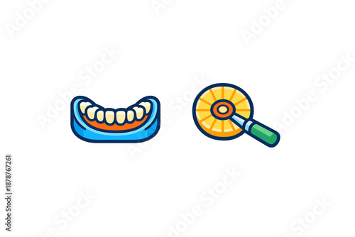 Dental prosthetics and dental mirror icons with neon glow