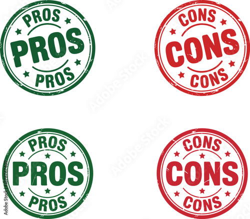Pros Cons Rubber Stamp Set. Featuring green PROS and red CONS circular seals with a textured effect. Illustrating advantages, benefits versus disadvantages, drawbacks. Vector graphic elements.