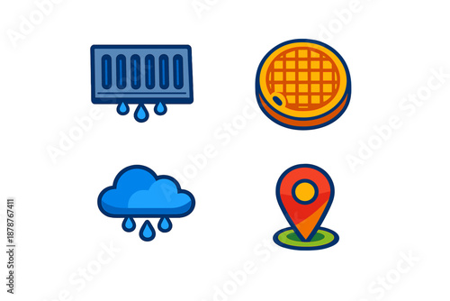 Set of four stylized icons representing weather, location, and urban elements