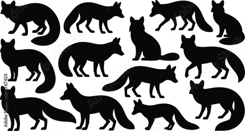 Fox Silhouette Vector Set. Featuring various vulpine poses standing, walking, sitting, and resting. Ideal for wildlife designs, woodland illustrations, and nature-themed projects. Vector graphic.