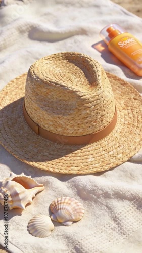 Straw Hat, Seashells, and Sunscreen Bottle on White Towel at the Beach, Summer Essentials.