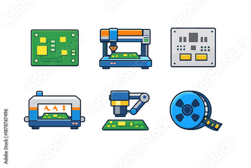 Set of electronic manufacturing and production icons