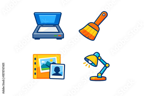 Set of cartoon icons for photo editing and scanning