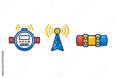Smart Meter, Cell Tower and Pipe Icons with Wireless Signals