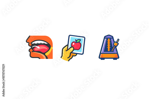 Three icons: mouth speaking, flashcard with apple, and metronome