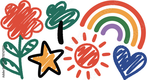 Child Drawing Vector Set. Featuring scribbled flower, tree, rainbow, sun, star and heart elements in vibrant colors. Ideal for children's designs, playful illustrations and creative projects.