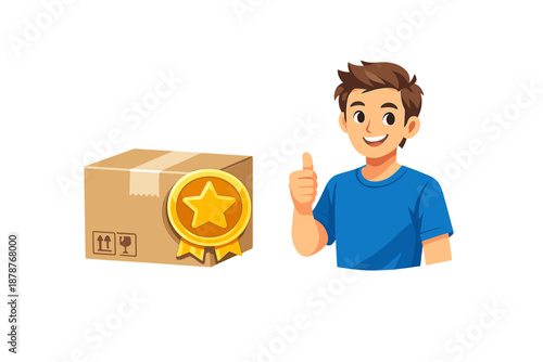 Happy boy giving thumbs up next to a prize box