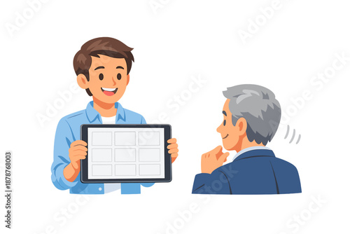 Young man presenting digital storyboard to older man