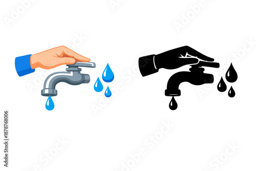 Hand turning off a dripping faucet with glowing water drops