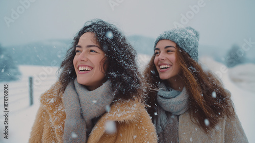 Two friends walking through the snow in style, smiling and having a good time