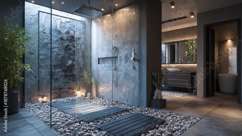 Zen Oasis: The image showcases a serene and modern bathroom design with a glass-enclosed shower, stone flooring, and warm lighting. It embodies tranquility and sophistication.