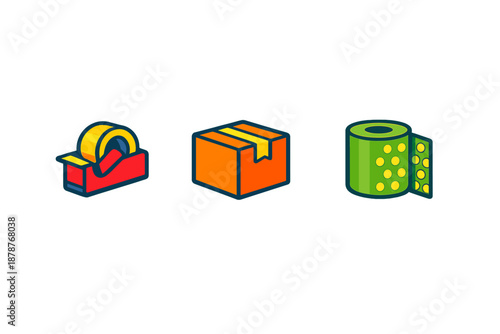 Three icons: tape dispenser, cardboard box, and roll of tape