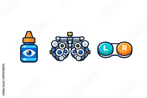 Eye care objects: eye drops, phoropter, and contact lens case