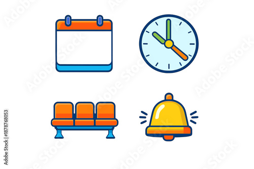 Set of four flat icons: calendar, clock, waiting seats, and bell on a dark background