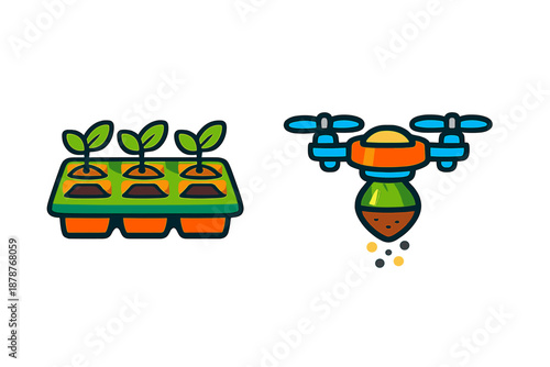 Drone spraying seeds on a tray of seedlings