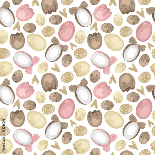 Hand-drawn seamless pattern made of Easter eggs, bird eggs and bows and hearts and cracked eggshell, Easter decorative background
