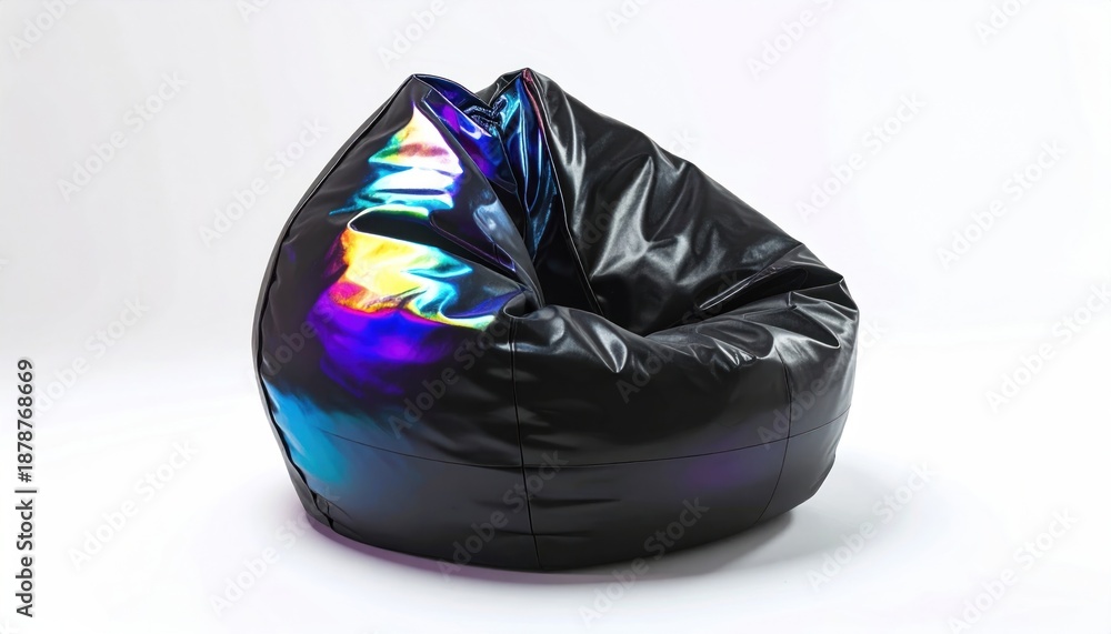 Naklejka premium Large black beanbag chair reflecting light, isolated on white background