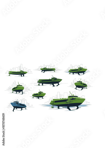 Electric Hydrofoil Ferry Silhouette, Sustainable Marine Transport and High Speed Water Mobility, Green Transit City Life Vector Design