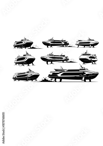 Electric Hydrofoil Ferry Silhouette, Sustainable Marine Transport and High Speed Water Mobility, Green Transit City Life Vector Design