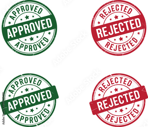 Approved Rejected Stamp Set. Featuring round green and red grunge seal with APPROVED and REJECTED text. Signifying validation, acceptance, denial and refusal. Vector design elements.