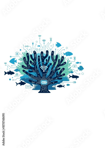 Smart Reef Technology Silhouette, 3D Printed Coral Restoration with Wifi Icon, Marine Science and Internet of Things Ocean Vector Art