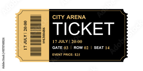 Realistic detailed cinema coupon for festivals, event, theater, concert, play. Vector illustration isolated on white background.