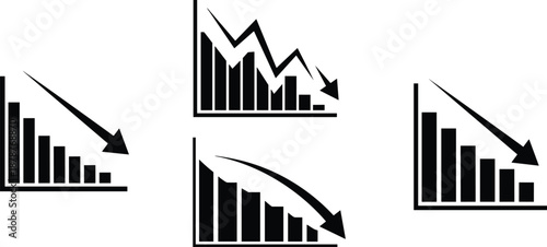 Four black and white bar chart showing downward trends with arrows decline