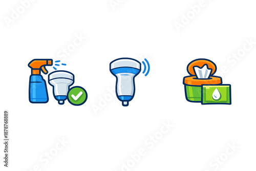 Ultrasound probe cleaning and maintenance icons