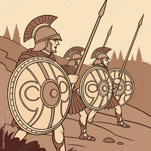 Ancient infantry soldiers with bronze shields and spears marching