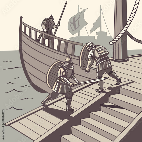 Historical warriors disembarking from wooden warship 1