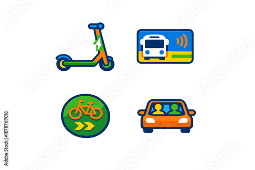 Collection of colorful transportation icons with neon glow