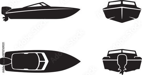 Comprehensive Speedboat Icon Views Set: Vector Silhouette of Powerboat from Side, Top, Front, and Rear Perspectives. Perfect for Marine Transport, Nautical Graphics, and Water Sports Design Elements