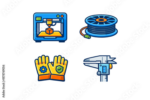 Set of four icons related to 3D printing and fabrication