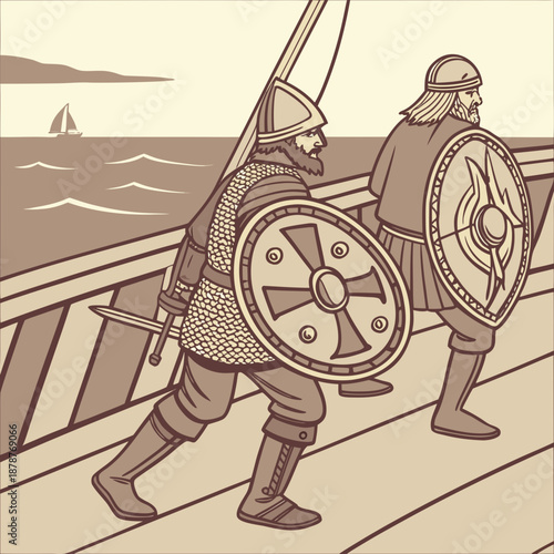 Ancient naval warriors walking on ship deck with shields and swords
