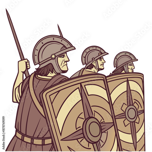 Ancient soldiers with shields and spears in formation