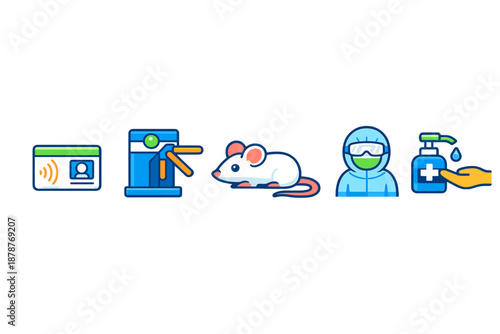 Icons representing access control, laboratory testing, and safety protocols