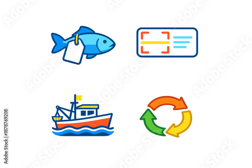 Seafood industry icons with neon glow