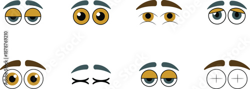 Cartoon Eyes Expressions Set. Featuring various eye styles showing different moods open, closed, sleepy, surprised, dizzy. For animation, character design, and emotion representation. Vector set.