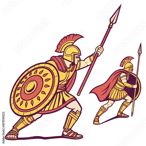 Ancient warriors in golden armor holding shields and spears