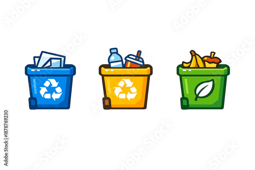 Three recycling bins with different waste types