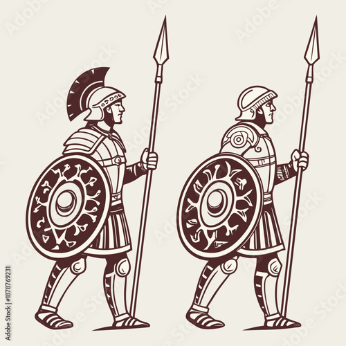 Ancient warriors holding shields and spears soldiers