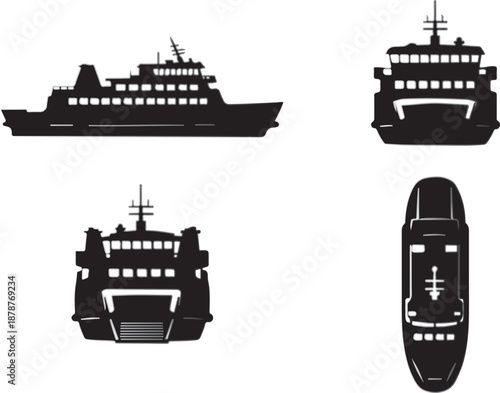 Comprehensive Ferry Boat Vector Illustration Set: Four Views (Side Profile, Front, Rear, Top Down) Silhouette Icons for Maritime Transport, Shipping, and Travel Graphics.