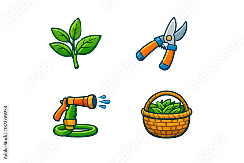 Gardening Icons Set with Leaves, Pruners, Hose, and Basket