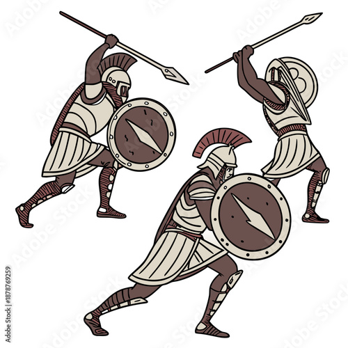 Ancient greek warriors in synchronized movement with spears and shields