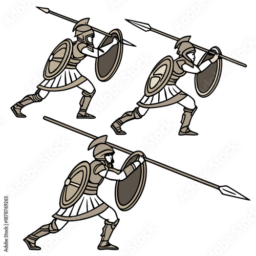 Ancient greek warriors in synchronized movement with spears and shields 1
