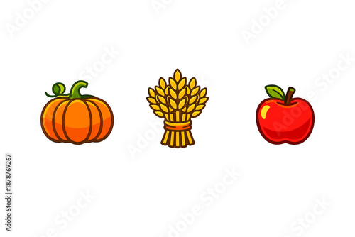 Autumn harvest icons: pumpkin, wheat, and apple