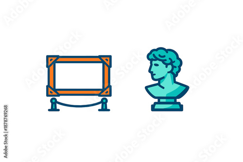 Museum exhibit with framed artwork and bust