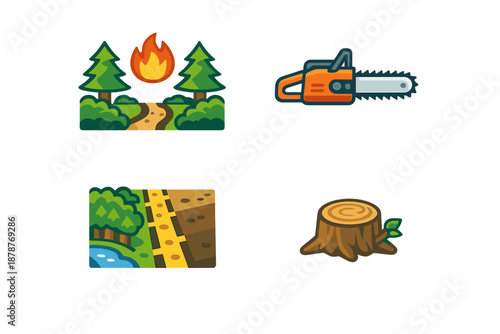 Forest ecosystem conservation concept with wildfire, chainsaw and tree stump