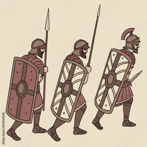 Ancient roman infantrymen marching with shields and spears